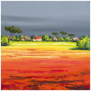 een schilderij van een landschap met bomen en huizen
