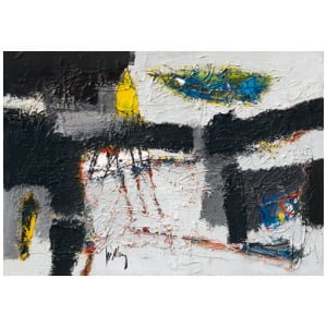 een abstract schilderij met zwarte, gele en witte kleuren