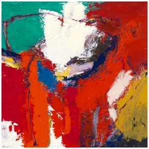 een abstract schilderij met rode, gele en blauwe kleuren