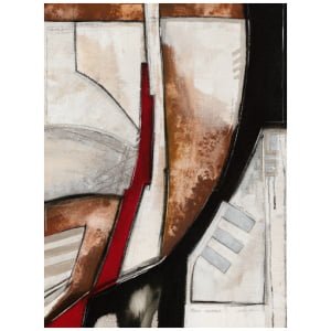 een abstract schilderij met zwarte, witte en rode kleuren
