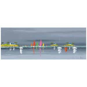 een schilderij van zeilboten in het water