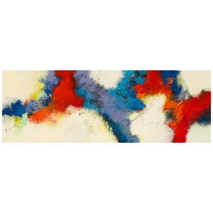 een abstract schilderij met rode, blauwe en gele kleuren