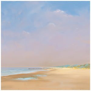 een olieverfschilderij van een strand en een oceaan