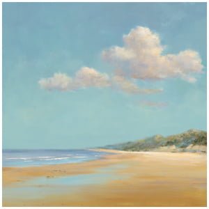 een olieverfschilderij van een strand met wolken aan de hemel
