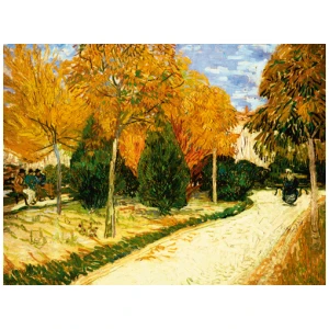 een schilderij van een weg met bomen en mensen