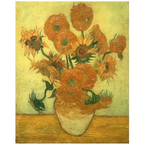 een schilderij van zonnebloemen in een vaas op een tafel