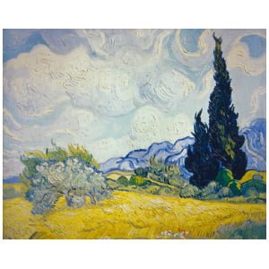 een schilderij van een veld met bomen en bergen op de achtergrond