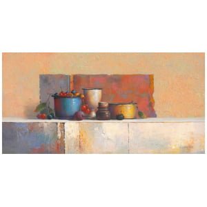 een schilderij van fruit en potten op een richel