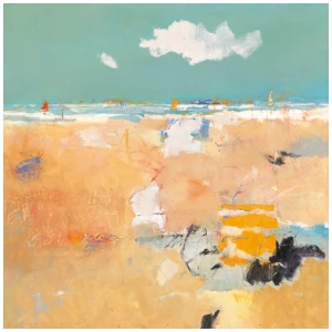 een abstract schilderij van een strandtafereel met wolken aan de hemel