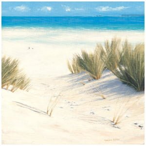 een schilderij van wat gras op een strand