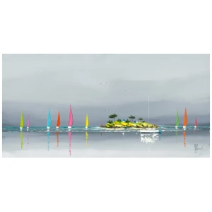 een schilderij van zeilboten in het water met een eiland op de achtergrond