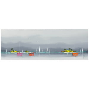 een schilderij van boten die in het water drijven
