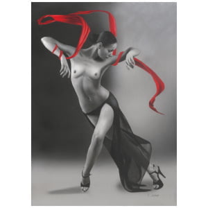 een naakte vrouw met een rode sjaal om haar nek