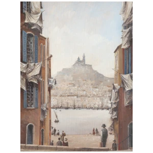 een olieverfschilderij van een stadsstraat met mensen en gebouwen