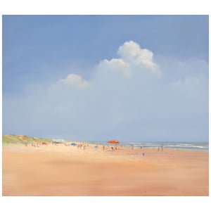 een schilderij van mensen die op het strand lopen