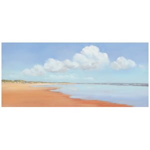 een olieverfschilderij van een strand met blauwe lucht en wolken