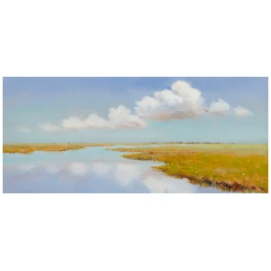 een schilderij van een moerassig gebied met wolken aan de hemel