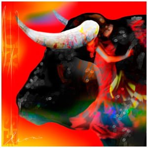 een schilderij van een vrouw die danst met een stier