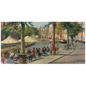 een schilderij van mensen die aan tafels aan de kant van een straat zitten