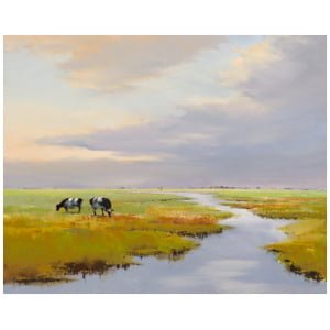 een schilderij van grazende koeien in een open veld