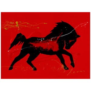 een schilderij van een paard op een rode achtergrond