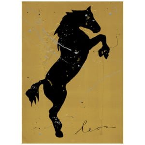 een schilderij van een paard op een gele achtergrond