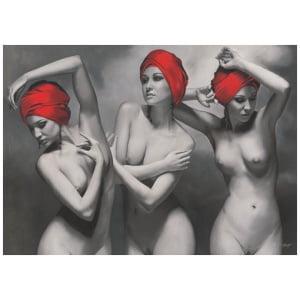 drie naakte vrouwen met rode hoofddoek en één zonder