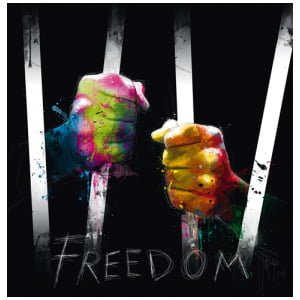 twee handen geschilderd in verschillende kleuren met de woorden vrijheid