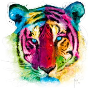 een kleurrijk tijgergezicht met blauwe ogen