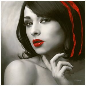 een schilderij van een vrouw met rode lippenstift