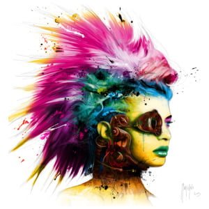 een schilderij van een vrouw met kleurrijk haar