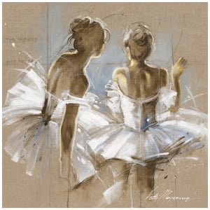 twee ballerina's in witte tutu's kijken elkaar aan