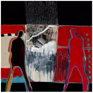 een abstract schilderij van twee mensen die voor een rode en zwarte achtergrond staan