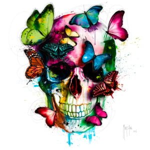een schedel met vlinders op zijn hoofd