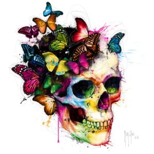 een schedel met vlinders op zijn hoofd