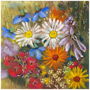 een schilderij van bloemen in een vaas op een tafel