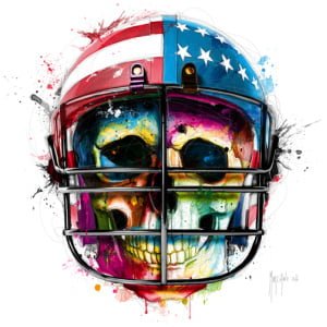 een schedel met een voetbalhelm waarop de Amerikaanse vlag is geschilderd