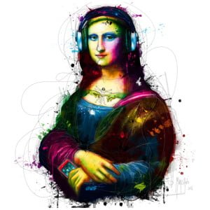 een schilderij van een vrouw met koptelefoon op