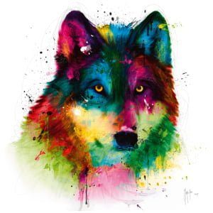 op dit artistieke schilderij wordt een kleurrijke wolf getoond