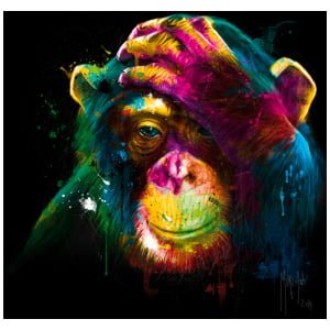 een kleurrijke aap bedekt zijn gezicht met zijn handen