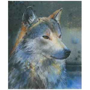 een schilderij van een wolf met blauwe ogen