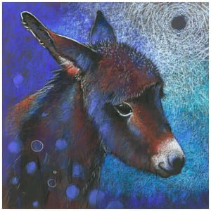 een schilderij van een ezel met bubbels op de achtergrond