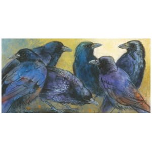 een schilderij van vijf vogels zittend op een tak