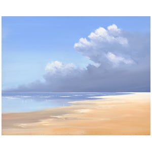 een olieverfschilderij van een strand met wolken aan de hemel