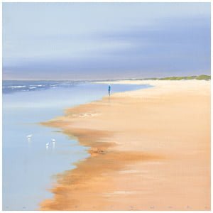 een schilderij van een persoon die op het strand loopt