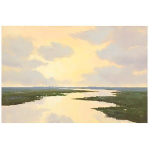 een schilderij van een rivier met wolken aan de hemel