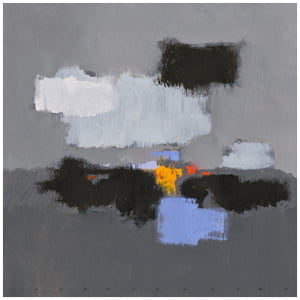 een abstract schilderij met blauwe, gele en zwarte kleuren