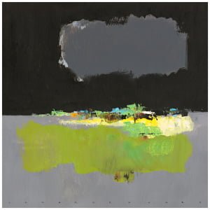 een abstract schilderij met zwarte, gele en groene kleuren