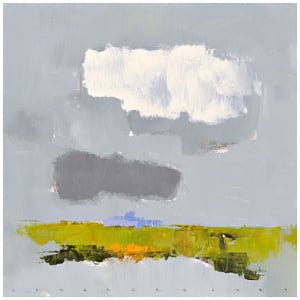 een abstract schilderij met grijze, gele en blauwe kleuren