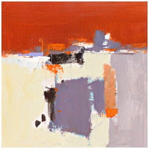 een abstract schilderij met oranje, paarse en witte kleuren